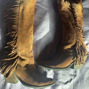Carlos Brown Suede Fringe Knee High Boots